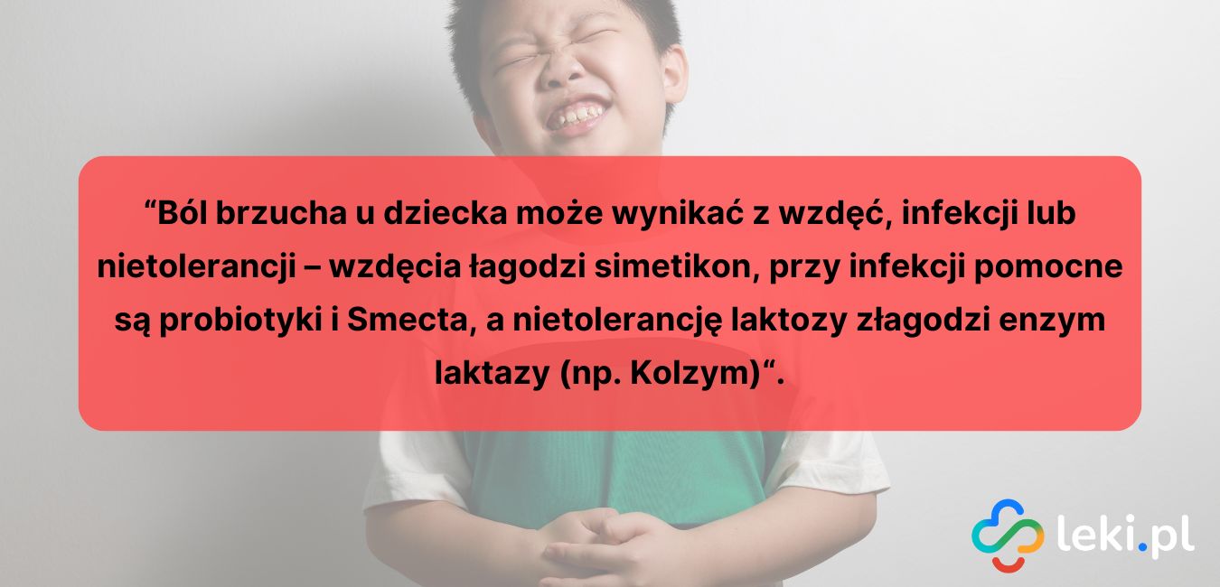 Ból brzucha u dziecka może wynikać z wzdęć, infekcji lub nietolerancji - wzdęcia łagodzi simetikon, przy infekcji pomocne są probiotyki (np. Dicoflor Junior) i Smecta, a nietolerancję laktozy złagodzi enzym laktazy (np. Kolzym) (fot. Canva).