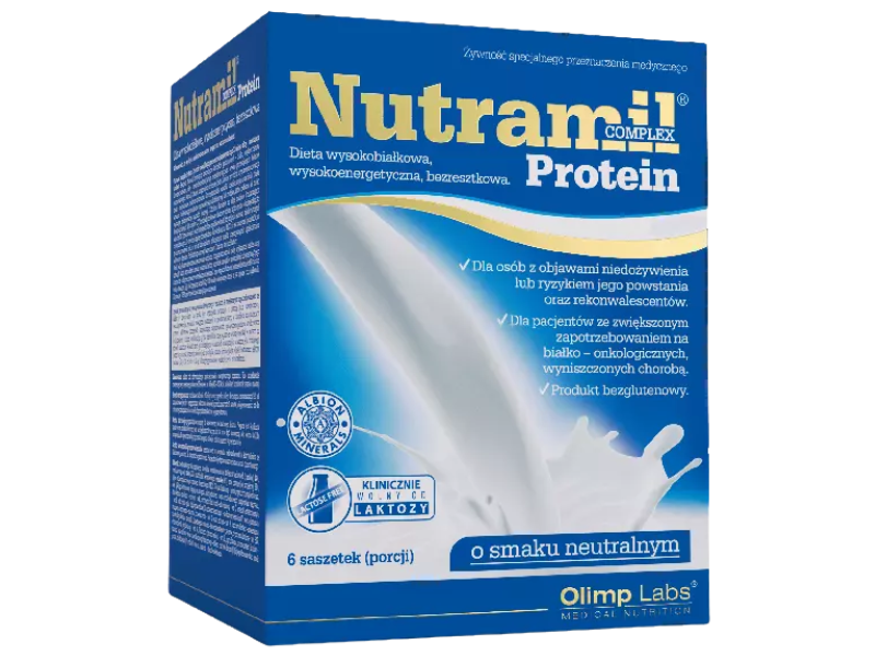 Zdjęcie przedstawia środek spożywczy Olimp Nutramil complex Protein w proszku.