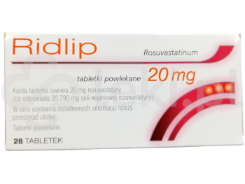 Zdjęcie przedstawia lek na receptę Ridlip, tabletki powlekane, 20 mg.