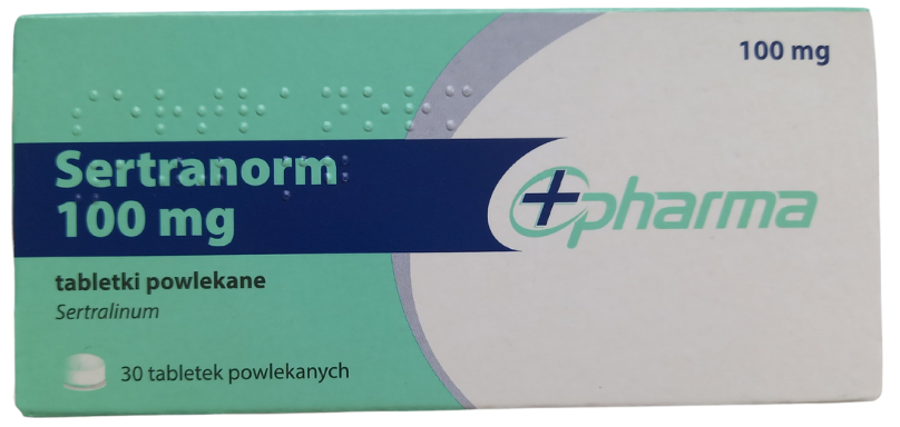 Opakowanie leku Sertranorm w tabletkach powlekanych o dawce 100 mg.