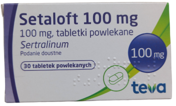 Opakowanie leku Setaloft w tabletkach powlekanych o dawce 100 mg.