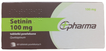 Opakowanie leku Setinin w tabletkach powlekanych o dawce 100 mg.