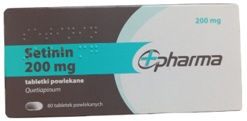 Opakowanie leku Setinin w tabletkach powlekanych o dawce 200 mg.