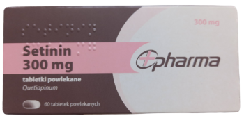 Opakowanie leku Setinin w tabletkach powlekanych o dawce 300 mg.