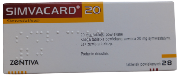 Opakowanie leku Simvacard 20 w tabletkach powlekanych o dawce 20 mg.