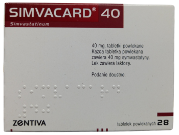 Opakowanie leku Simvacard 40 w tabletkach powlekanych o dawce 40 mg.