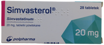 Opakowanie leku Simvasterol w tabletkach powlekanych o dawce 20 mg.