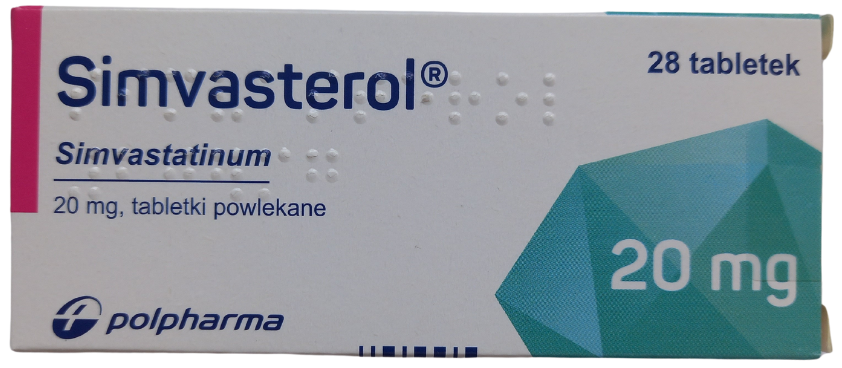 Opakowanie leku Simvasterol w tabletkach powlekanych o dawce 20 mg.