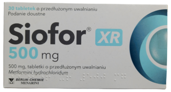 Opakowanie leku Siofor XR w tabletkach o przedłużonym uwalnianiu o dawce 500 mg.