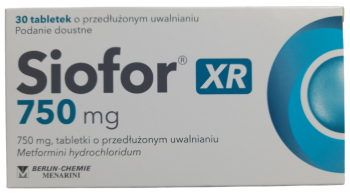 Opakowanie leku Siofor XR w tabletkach o przedłużonym uwalnianiu o dawce 750 mg.