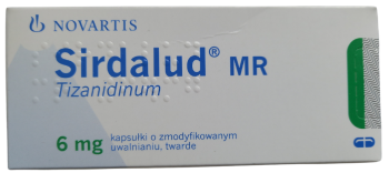 Opakowanie leku Sirdalud MR w kapsułkach o zmodyfikowanym uwalnianiu o dawce 6 mg.