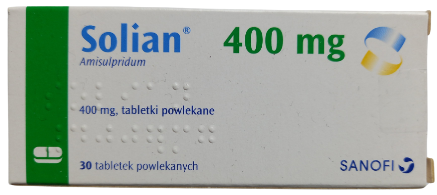 Opakowanie leku Solian w tabletkach powlekanych o dawce 400 mg.