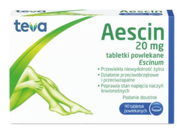 Zdjęcie przedstawia lek bez recepty Aescin, tabletki powlekane, 20 mg.
