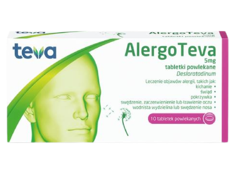 Zdjęcie przedstawia lek bez recepty AlergoTeva, tabletki powlekane, 5 mg.