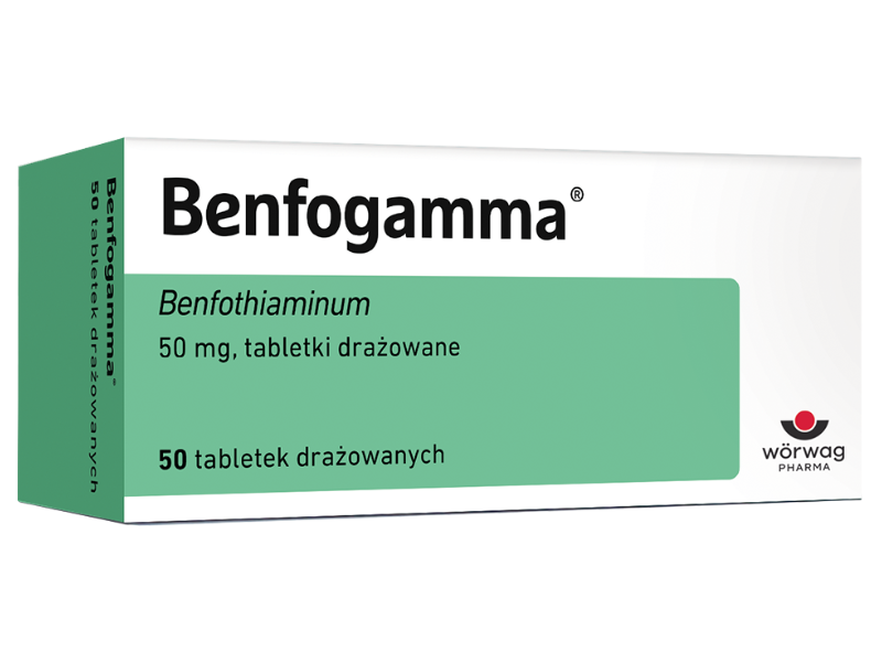Zdjęcie przedstawia lek bez recepty Benfogamma, tabletki drażowane, 50 mg.