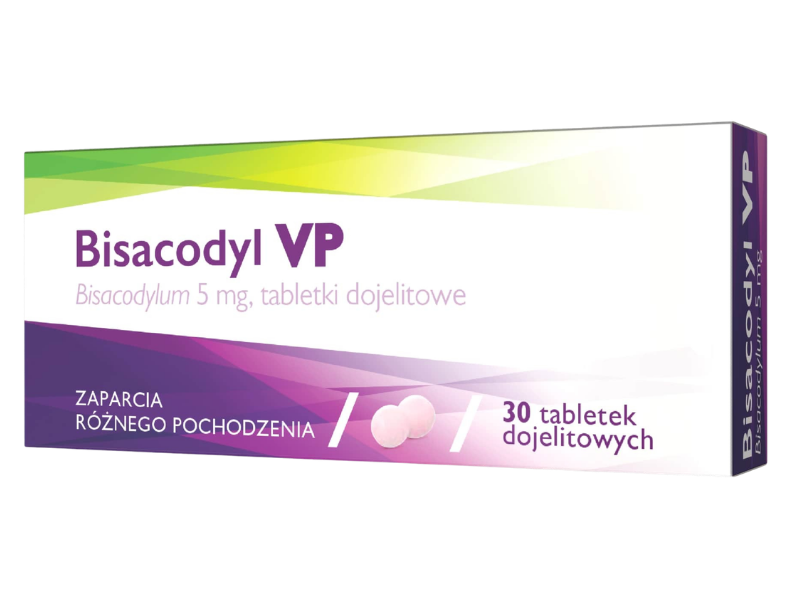 Zdjęcie przedstawia lek bez recepty Bisacodyl VP, tabletki dojelitowe, 5 mg.