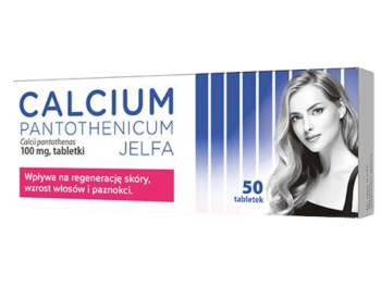 Zdjęcie przedstawia lek bez recepty Calcium pantothenicum Jelfa, tabletki, 100 mg.