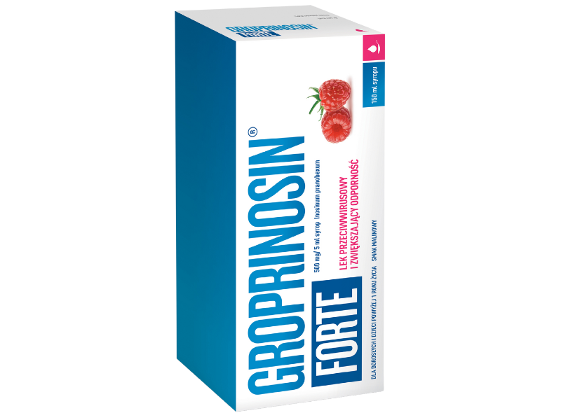 Zdjęcie przedstawia lek bez recepty Groprinosin Forte w syropie, 500 mg/5 ml.