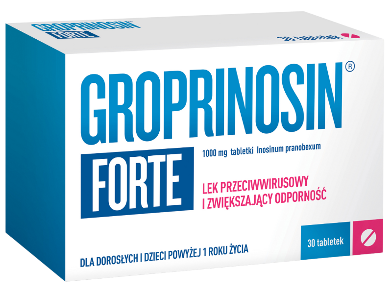 Zdjęcie przedstawia lek bez recepty Groprinosin Forte w tabletkach, 1000 mg.