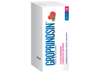 Zdjęcie przedstawia lek bez recepty Groprinosin w syropie, 50 mg/ml.