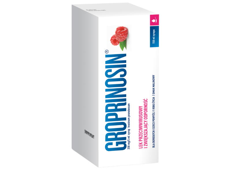 Zdjęcie przedstawia lek bez recepty Groprinosin w syropie, 50 mg/ml.