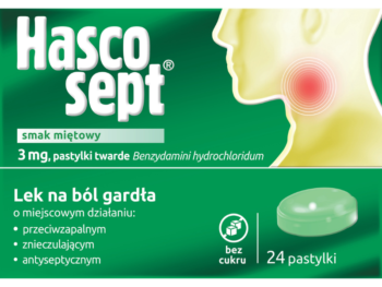 Zdjęcie przedstawia lek bez recepty Hascosept, pastylki twarde, 3 mg.