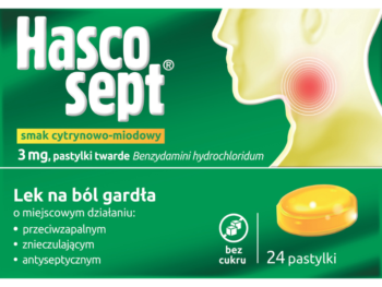 Zdjęcie przedstawia lek bez recepty Hascosept o smaku cytrynowo-miodowym, pastylki twarde, 3 mg.