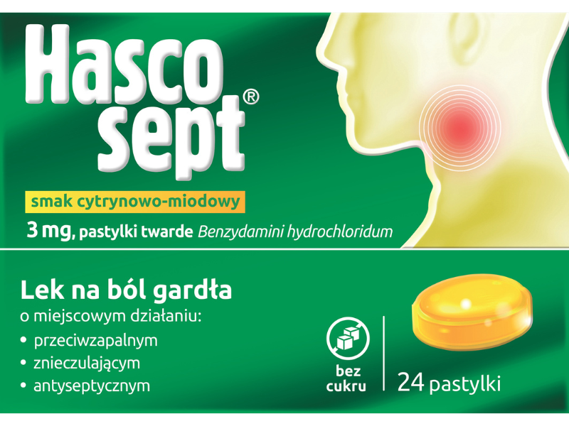 Zdjęcie przedstawia lek bez recepty Hascosept o smaku cytrynowo-miodowym, pastylki twarde, 3 mg.