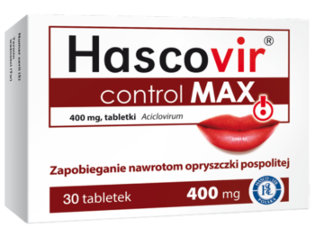 Zdjęcie przedstawia lek dostępny bez recepty Hascovir Control Max, tabletki, 400 mg.