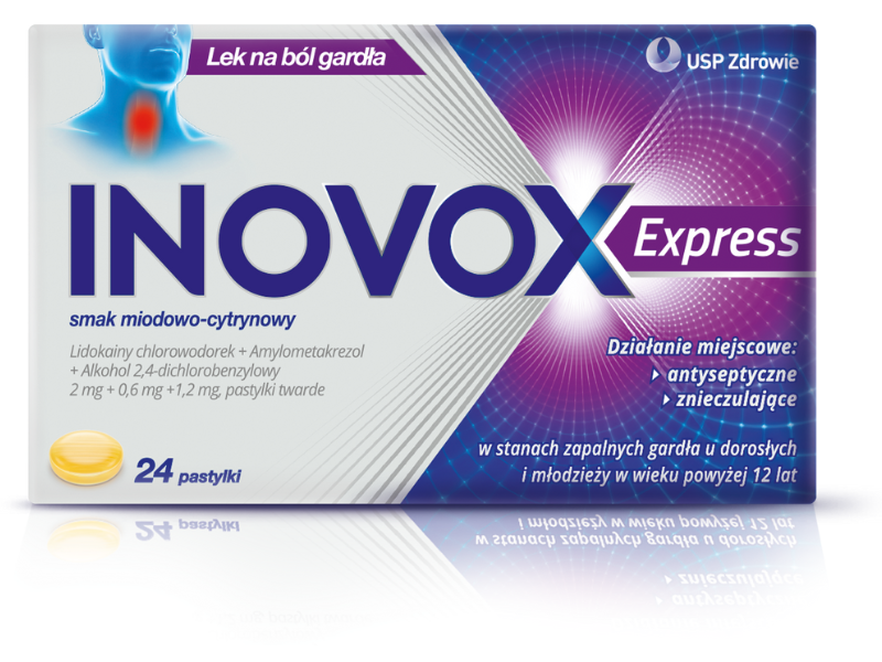 Zdjęcie przedstawia lek bez recepty Inovox Express o smaku miodowym.