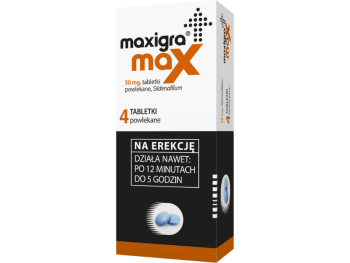 Zdjęcie przedstawia lek bez recepty Maxigra Max, tabletki powlekane, 50 mg.