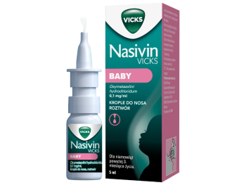 Zdjęcie przedstawia lek bez recepty Nasivin Baby, aerozol do nosa, 0,1 mg/ml.