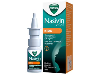 Zdjęcie przedstawia lek bez recepty Nasivin Kids, aerozol do nosa, 0,25 mg/ml