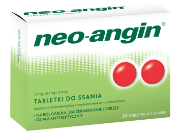 Zdjęcie przedstawia lek bez recepty Neo-Angin, tabletki do ssania, 1,2 mg+0,6 mg+5,9 mg.