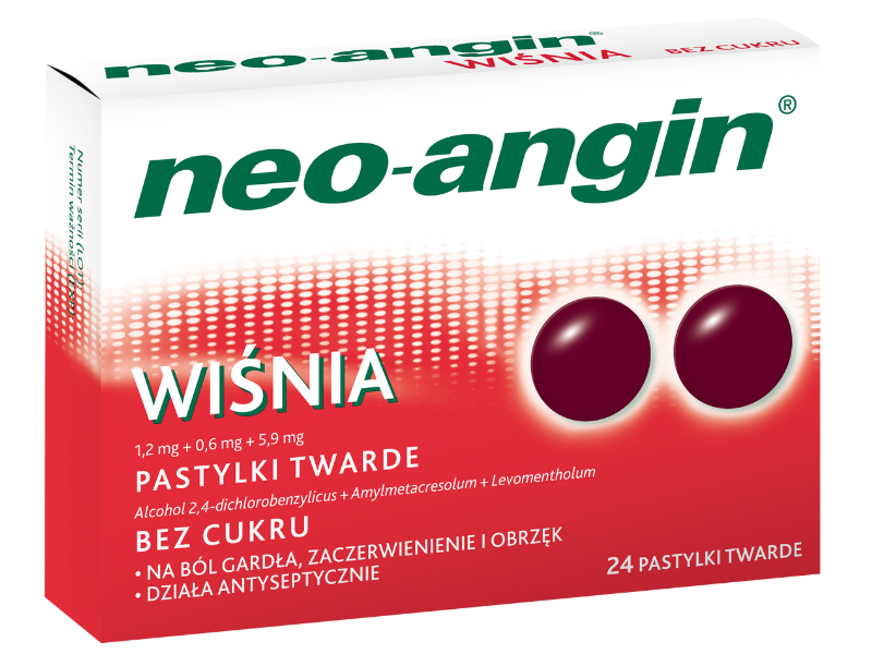 Zdjęcie przedstawia lek bez recepty Neo-Angin wiśnia, pastylki twarde.