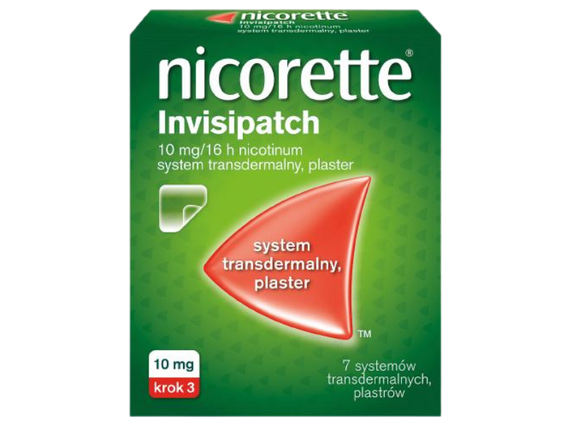 Zdjęcie przedstawia lek bez recepty Nicorette Invisipatch, system transdermalny, 10 mg/16h.