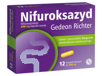 Zdjęcie przedstawia lek bez recepty Nifuroksazyd Gedeon Richter w kapsułkach twardych, 200 mg.