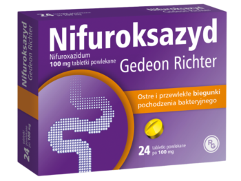 Zdjęcie przedstawia lek bez recepty Nifuroksazyd Gedeon Richter w tabletkach powlekanych, 100 mg.