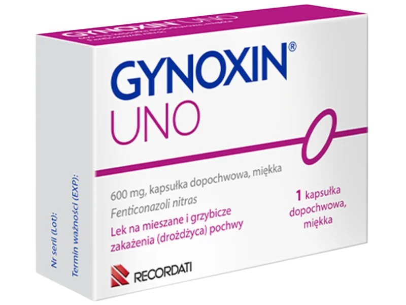 Zdjęcie przedstawia lek bez recepty Gynoxin Uno, kapsulki dopochwowe, 600 mg.