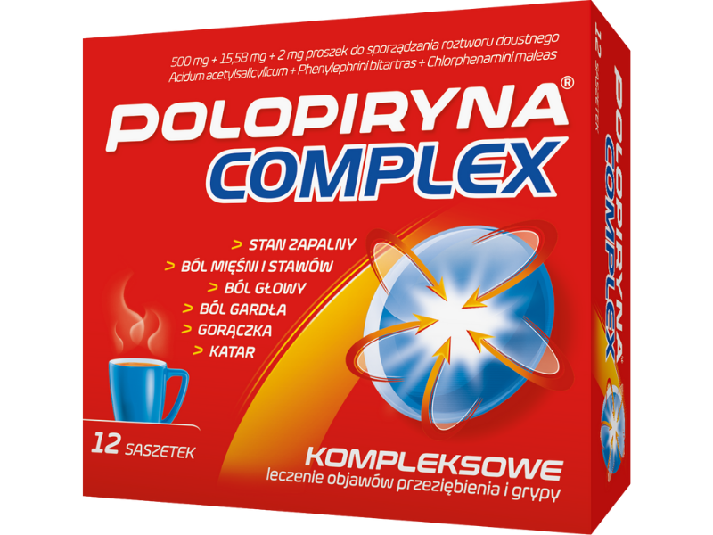 Zdjęcie przedstawia lek bez recepty Polopiryna Complex, saszetki, 500 mg + 15,58 mg + 2 mg.