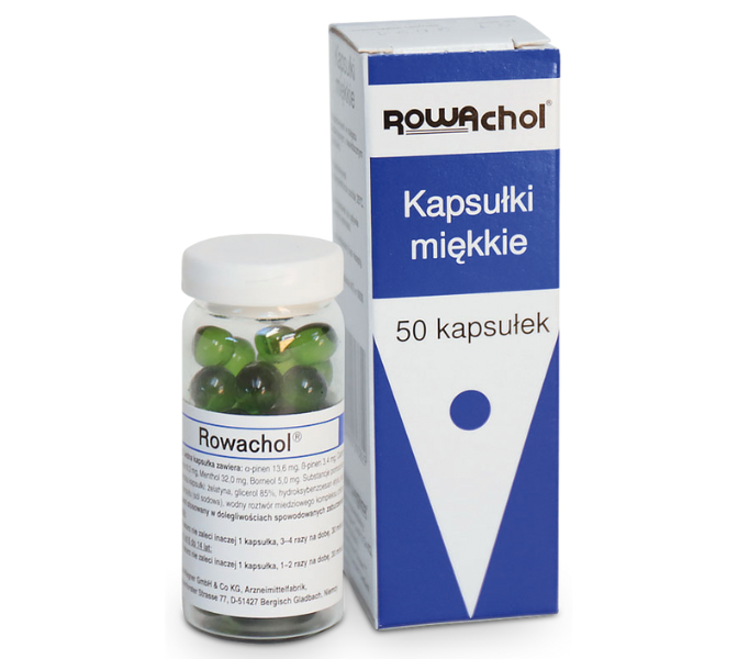 Zdjęcie przedstawia lek bez recepty Rowachol w kapsułkach.