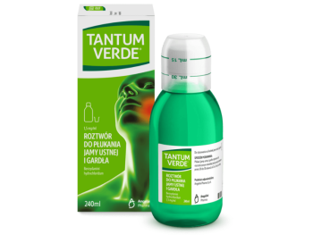 Zdjęcie przedstawia lek Tantum Verde w roztworze do płukania jamy ustnej.