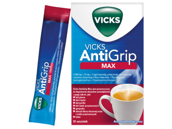 Zdjęcie przedstawia lek bez recepty Vicks AntiGrip Max, saszetki, 1000 mg+15,58 mg+4 mg.