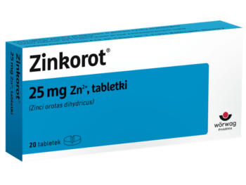 Zdjęcie przedstawia lek bez recepty Zinkorot, tabletki, 25 mg.