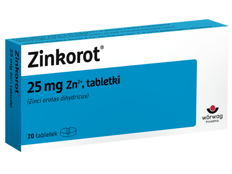 Zdjęcie przedstawia lek bez recepty Zinkorot, tabletki, 25 mg.