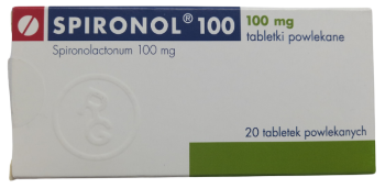 Opakowanie leku Spironol 100 w tabletkach powlekanych o dawce 100 mg.