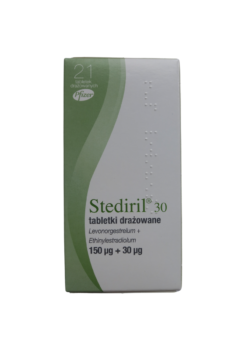 Opakowanie leku Stediril 30 w tabletkach drażowanych o dawce 0,15 mg + 0,03 mg.