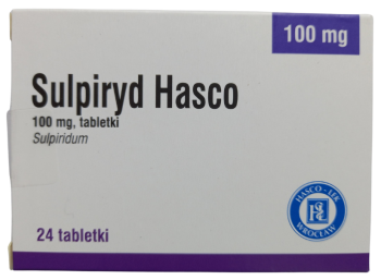 Opakowanie leku Sulpiryd Hasco w tabletkach o dawce 100 mg.