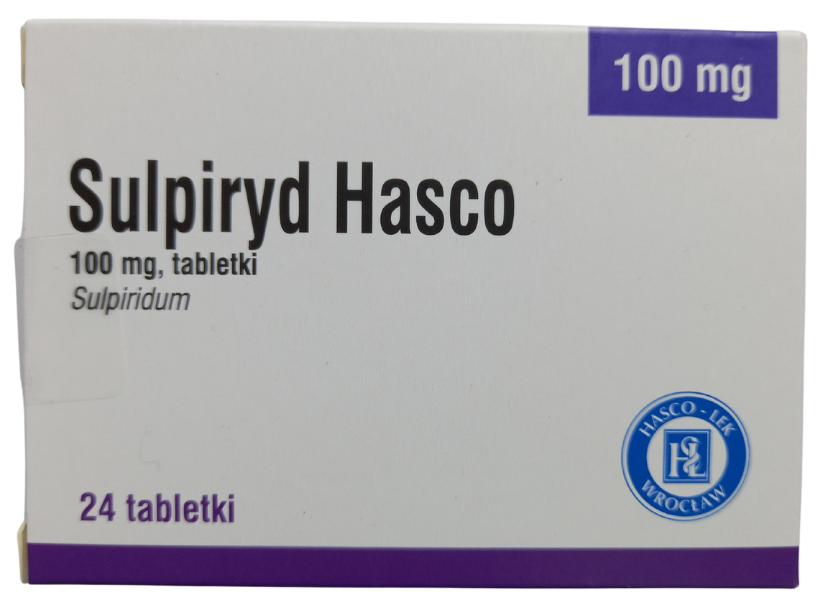 Opakowanie leku Sulpiryd Hasco w tabletkach o dawce 100 mg.
