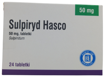 Opakowanie leku Sulpiryd Hasco w tabletkach o dawce 50 mg.